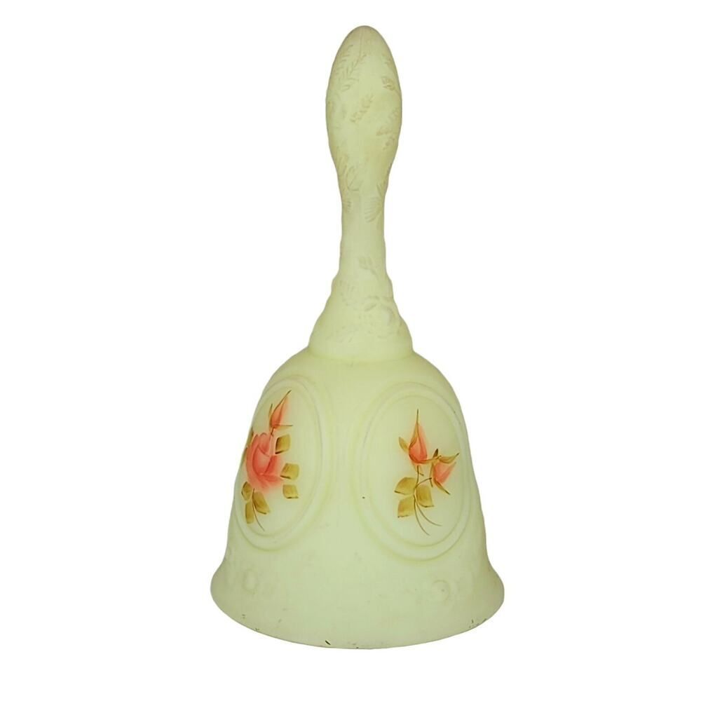 Fenton Glass Custard Medallion Bell with Hand Painted Orange Roses